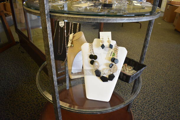 Metal and Wooden Shelving Unit w/ Glass Shelves and Jewelry. BUYER MUST REMOVE. 32x32x88. (yellow clothing store) - Image 3 of 6