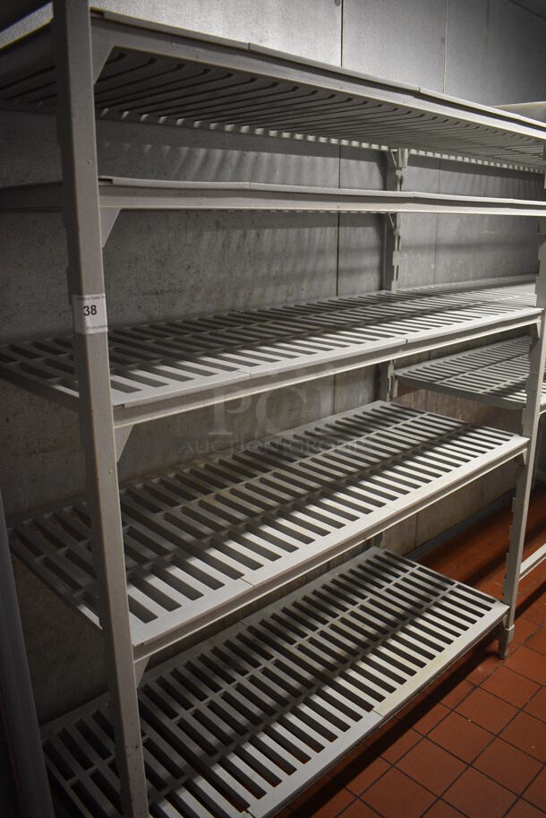 Gray Poly Three Section Shelving Unit; Five Tier, Three Tier and Three Tier. BUYER MUST DISMANTLE. PCI CANNOT DISMANTLE FOR SHIPPING. PLEASE CONSIDER FREIGHT CHARGES.
 164x24x72. (kitchen) - Image 2 of 4