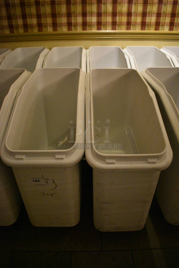 4 White Poly Ingredient Bins w/ Clear Lids on Commercial Casters. 13x29x28.5. 4 Times Your Bid! (buffet)