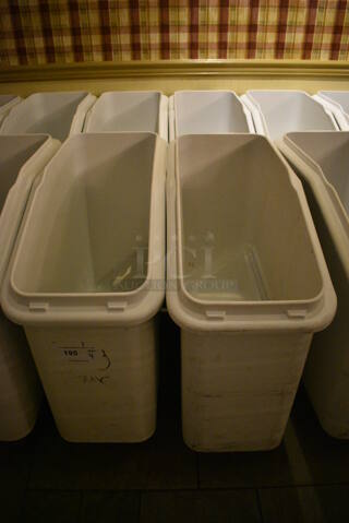 4 White Poly Ingredient Bins w/ Clear Lids on Commercial Casters. 13x29x28.5. 4 Times Your Bid! (buffet)