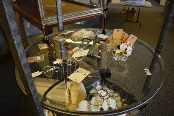 Metal and Wooden Shelving Unit w/ Glass Shelves and Jewelry. BUYER MUST REMOVE. 32x32x88. (yellow clothing store) - Image 4 of 6