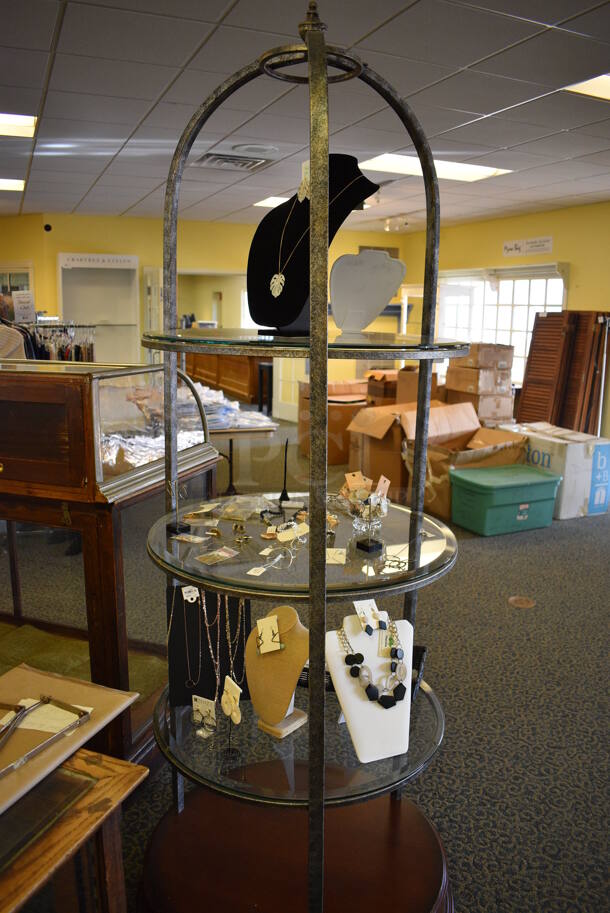 Metal and Wooden Shelving Unit w/ Glass Shelves and Jewelry. BUYER MUST REMOVE. 32x32x88. (yellow clothing store) - Image 6 of 6
