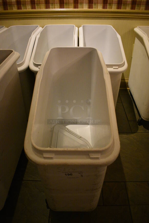 3 White Poly Ingredient Bins w/ Clear Lids on Commercial Casters. 13x29x28.5. 3 Times Your Bid! (buffet)