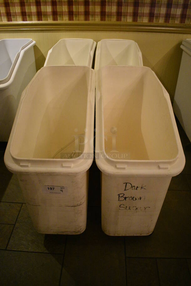 4 White Poly Ingredient Bins w/ 2 Clear Lids on Commercial Casters. 13x29x28.5. 4 Times Your Bid! (buffet)