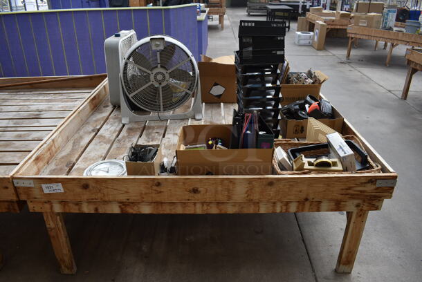 Wooden Stands w/ Contents Including Fans. BUYER MUST REMOVE. 72.5x72.5x28.5. (greenhouse)