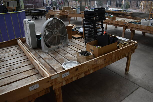 Wooden Stands w/ Contents Including Fans. BUYER MUST REMOVE. 72.5x72.5x28.5. (greenhouse) - Image 2 of 10