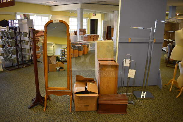 ALL ONE MONEY! Lot of Various Items Including Mirror, Stands, Wooden Drawers and Metal Racks! Includes 19x16x60 Mirror. (yellow clothing store)