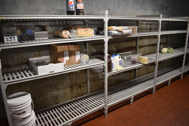 Poly Gray Four Section 4 Tier Shelving Unit. Does Not Include Contents. BUYER MUST DISMANTLE. PCI CANNOT DISMANTLE FOR SHIPPING. PLEASE CONSIDER FREIGHT CHARGES. 210x24x72. (kitchen) - Image 1 of 5