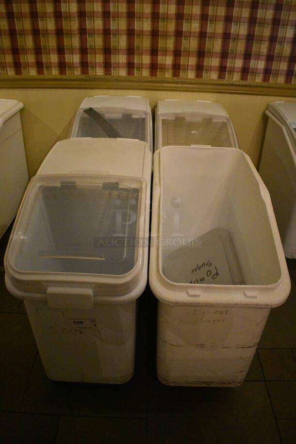 4 White Poly Ingredient Bins w/ Clear Lids on Commercial Casters. 15x29x28.5. 4 Times Your Bid! (buffet)