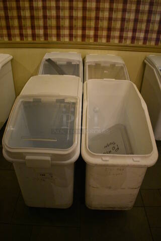 4 White Poly Ingredient Bins w/ Clear Lids on Commercial Casters. 15x29x28.5. 4 Times Your Bid! (buffet)