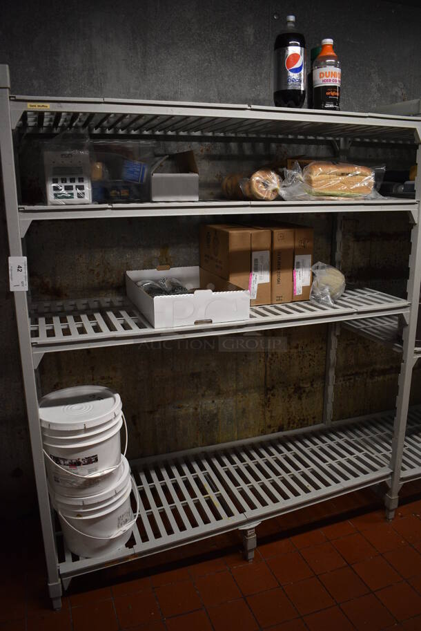 Poly Gray Four Section 4 Tier Shelving Unit. Does Not Include Contents. BUYER MUST DISMANTLE. PCI CANNOT DISMANTLE FOR SHIPPING. PLEASE CONSIDER FREIGHT CHARGES. 210x24x72. (kitchen) - Image 2 of 5
