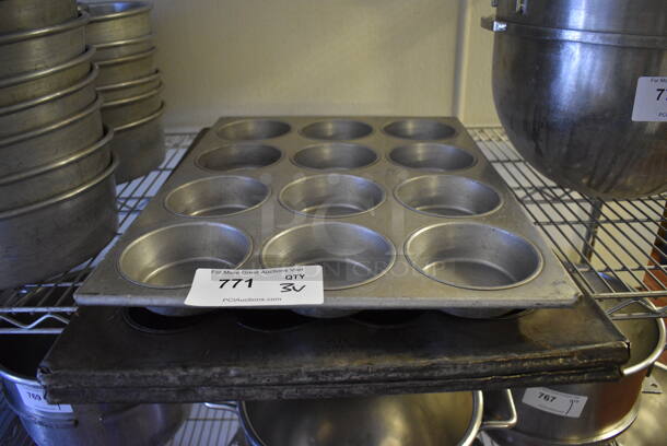 3 Various Metal Muffin Baking Pans; 24 Cup and 12 Cup. 15.5x20.5x2, 18x26x1.5. 3 Times Your Bid! (bakery kitchen)