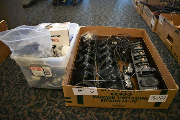 ALL ONE MONEY! Lot of 2 Boxes w/ 4 Motorola Model DB40-16042100CF Charging Bases, 14 Table Beepers, Handheld Radio. (ballroom)