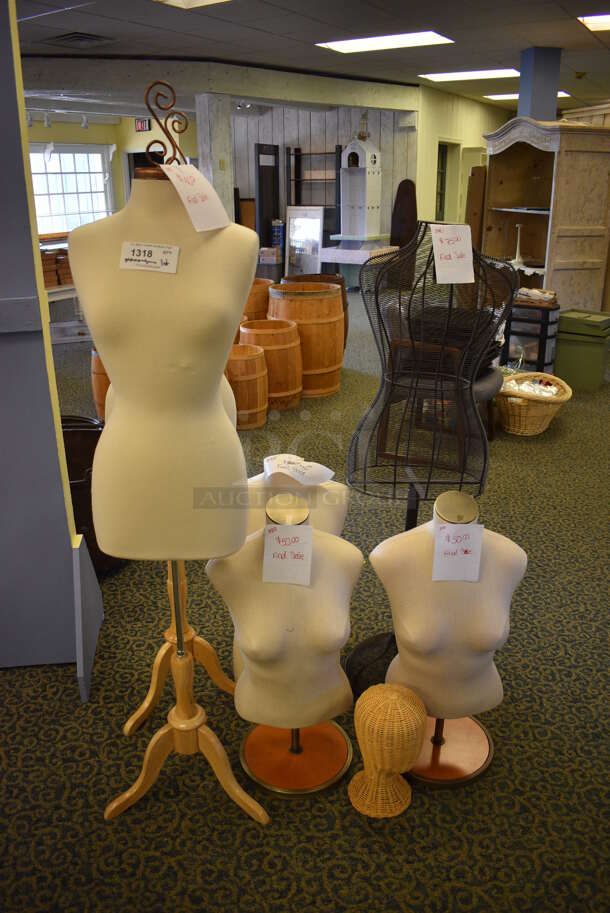 ALL ONE MONEY! Lot of 6 Mannequin Torsos and Mannequin Head. Includes 15x10x65. (yellow clothing store)