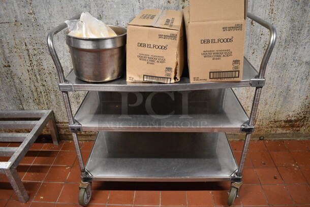 Stainless Steel Commercial 3 Tier Cart w/ 2 Push Handles on Commercial Casters. 36x22x39. (kitchen) - Image 1 of 3