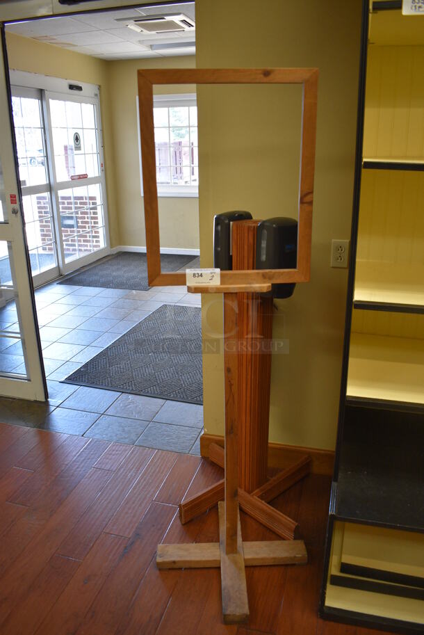 2 Wooden Floor Style Units; Sign and Hand Sanitizer Stand. 22.5x22.5x66.5, 27x27x50. 2 Times Your Bid! (gift shop)