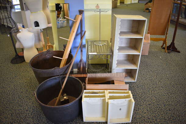 ALL ONE MONEY! Lot of Various Items Including Metal Buckets, Wooden Shelves and End Table. Includes 23x23x14. (yellow clothing store)