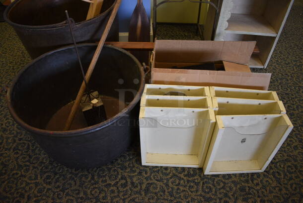 ALL ONE MONEY! Lot of Various Items Including Metal Buckets, Wooden Shelves and End Table. Includes 23x23x14. (yellow clothing store) - Image 2 of 5