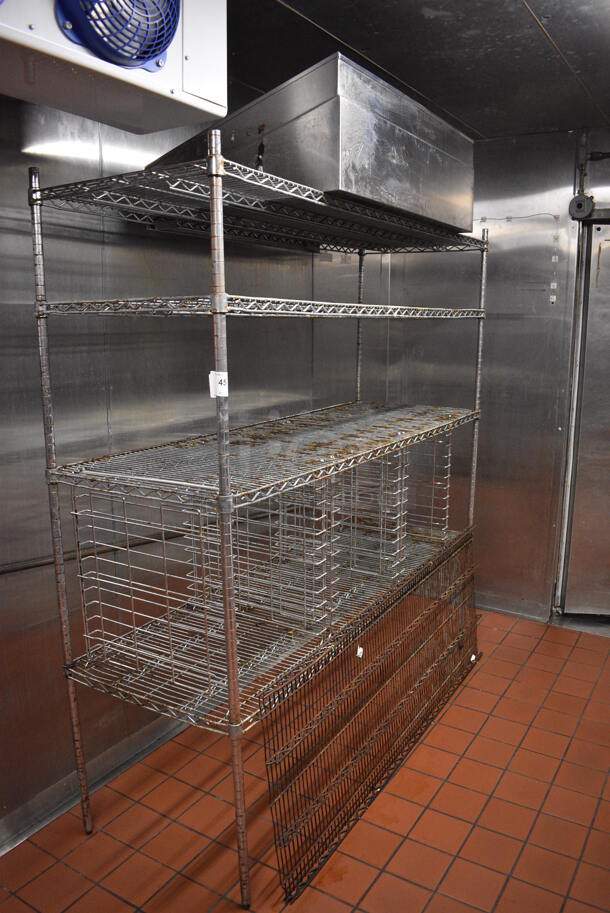Chrome Finish 4 Tier Shelving Unit w/ 3 Built In Pan Racks. BUYER MUST DISMANTLE. PCI CANNOT DISMANTLE FOR SHIPPING. PLEASE CONSIDER FREIGHT CHARGES. 72x24x74. (kitchen) - Image 1 of 5