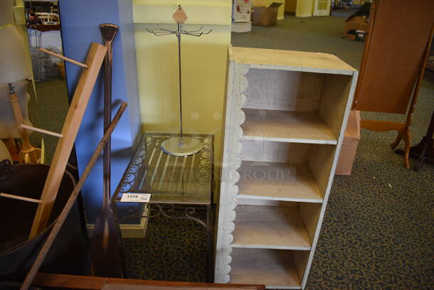 ALL ONE MONEY! Lot of Various Items Including Metal Buckets, Wooden Shelves and End Table. Includes 23x23x14. (yellow clothing store) - Image 3 of 5