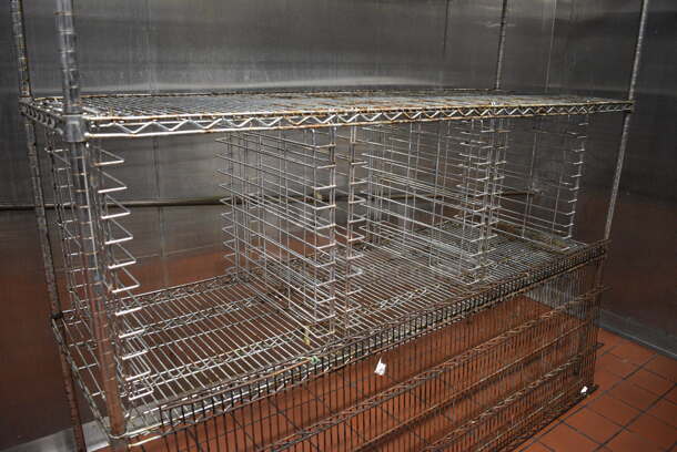 Chrome Finish 4 Tier Shelving Unit w/ 3 Built In Pan Racks. BUYER MUST DISMANTLE. PCI CANNOT DISMANTLE FOR SHIPPING. PLEASE CONSIDER FREIGHT CHARGES. 72x24x74. (kitchen) - Image 3 of 5