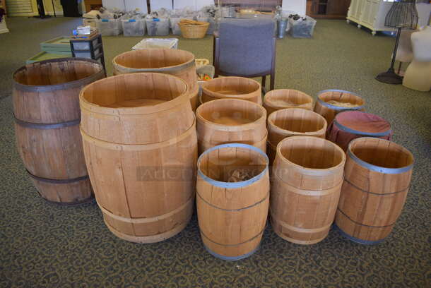 ALL ONE MONEY! Lot of 12 Various Barrels. Includes 21x21x30. (yellow clothing store)