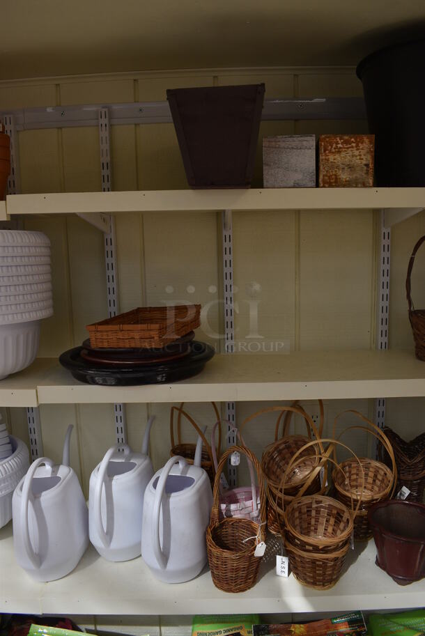ALL ONE MONEY! Three Shelf Lot of Various Items Including Planters, Watering Cans and Baskets! BUYER MUST REMOVE. Each Shelf: 167x12. (greenhouse) - Image 5 of 7