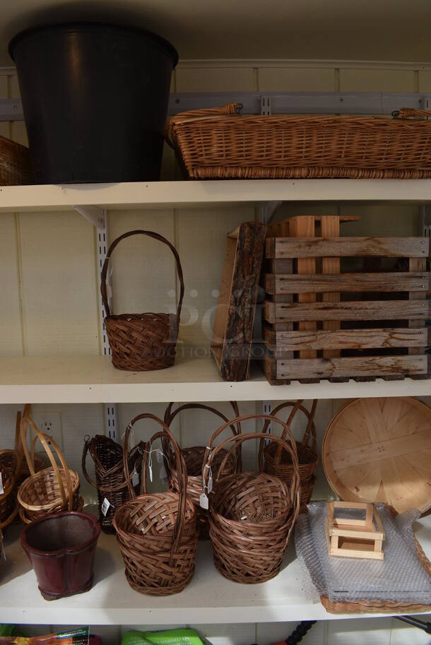 ALL ONE MONEY! Three Shelf Lot of Various Items Including Planters, Watering Cans and Baskets! BUYER MUST REMOVE. Each Shelf: 167x12. (greenhouse) - Image 6 of 7