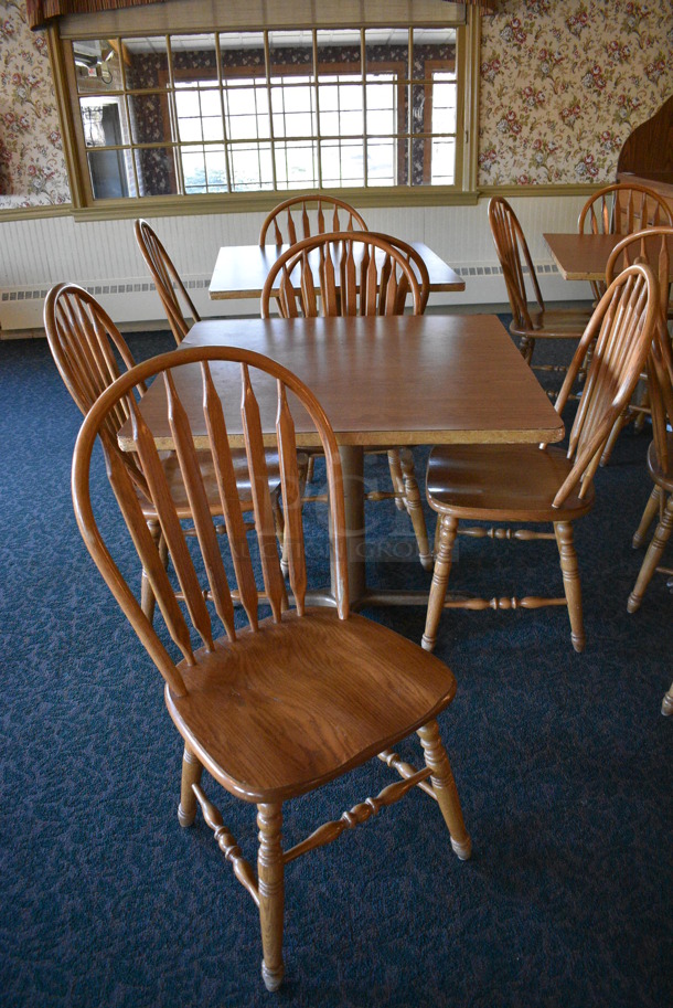 4 Wooden Tables w/ 15 Wooden Dining Chairs. 36x36x30. 18x17.5x37.5. 4 Times Your Bid! (main dining room)