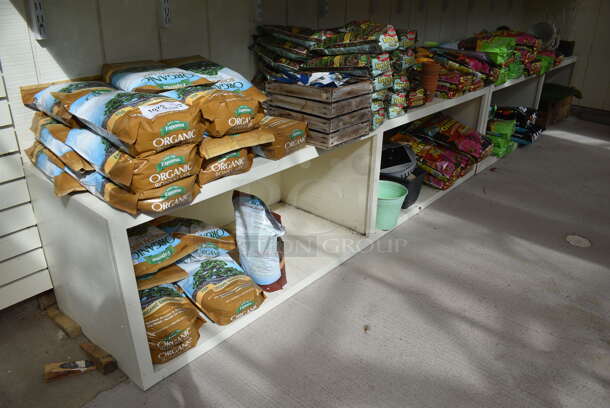 ALL ONE MONEY! Two Shelf Lot of Various Items Including Bonsai Mix, Potting Soil! BUYER MUST REMOVE. Each Shelf: 167x12. (greenhouse) - Image 1 of 12