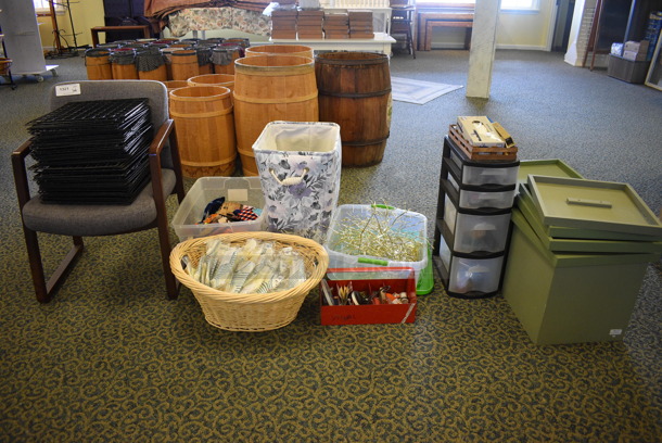 ALL ONE MONEY! Lot of Various Items Including Chair, Hamper, Poly Cabinet, Bins and Basket of Socks. Includes 14x18x24. (yellow clothing store)