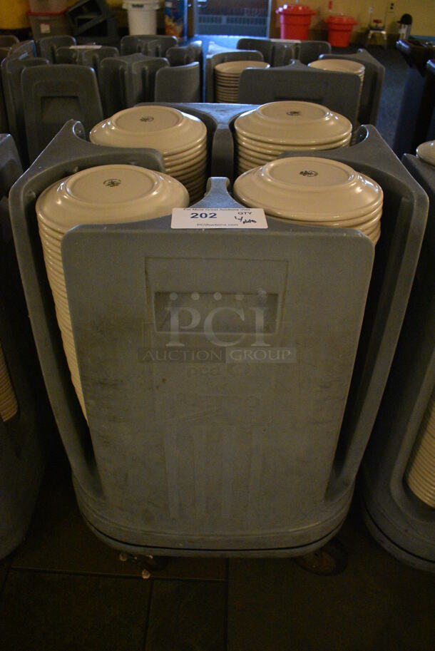 Metro PCD8 Blue Poly Dish Cart w/ White Ceramic Plate on Commercial Casters. 20.5x20.5x31.5. 7.5x7.5x1. (buffet) - Image 1 of 5