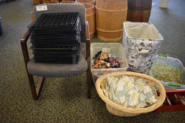 ALL ONE MONEY! Lot of Various Items Including Chair, Hamper, Poly Cabinet, Bins and Basket of Socks. Includes 14x18x24. (yellow clothing store) - Image 2 of 5