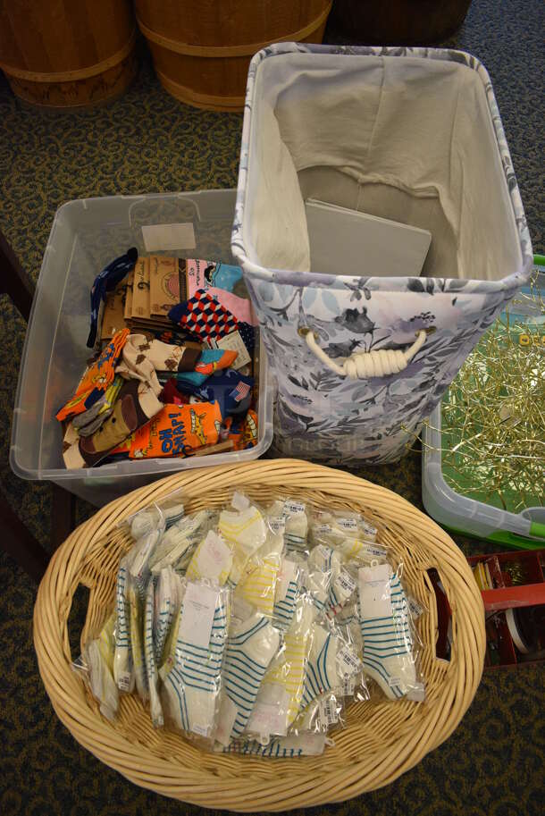 ALL ONE MONEY! Lot of Various Items Including Chair, Hamper, Poly Cabinet, Bins and Basket of Socks. Includes 14x18x24. (yellow clothing store) - Image 3 of 5