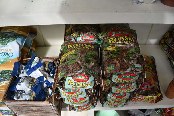 ALL ONE MONEY! Two Shelf Lot of Various Items Including Bonsai Mix, Potting Soil! BUYER MUST REMOVE. Each Shelf: 167x12. (greenhouse) - Image 4 of 12