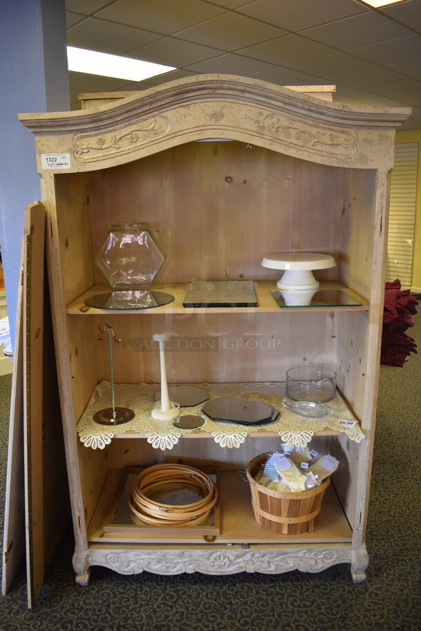 Wooden Shelving Unit w/ Contents Including Mirrors, Basket of Socks and Cake Stand. 52x25x80. (yellow clothing store)