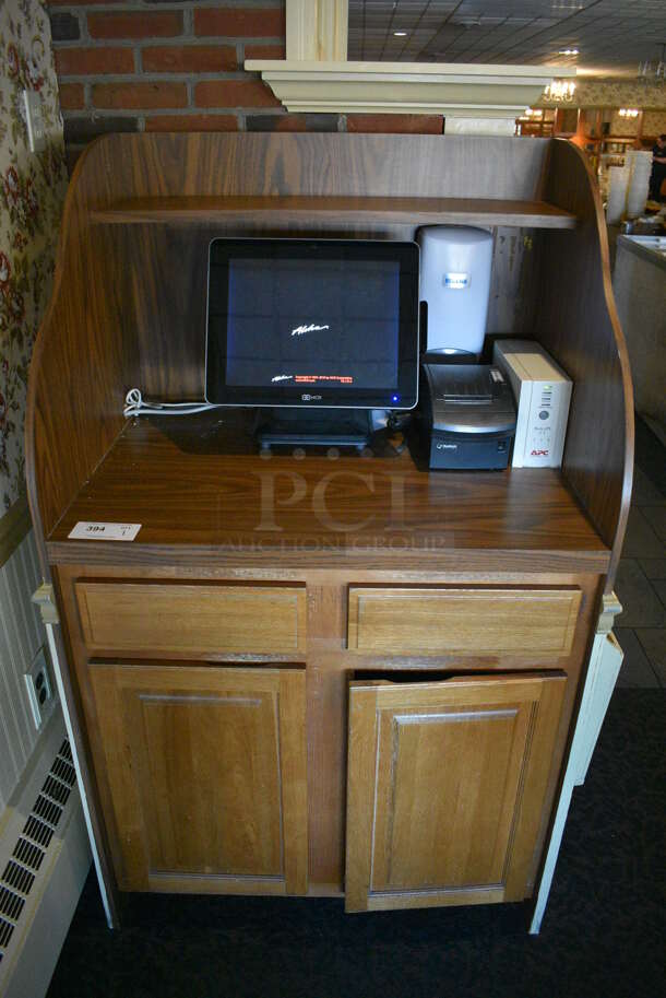Wooden Cabinet w/ 2 Drawers, 2 Doors and Over Shelf. Does Not Include Contents. 39x27x57.5. (main dining room)