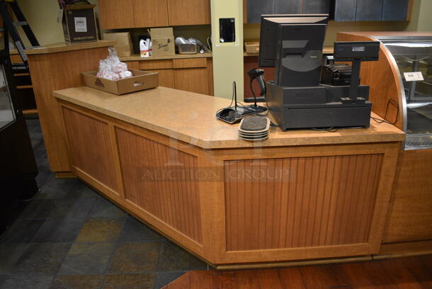 Wood Pattern Counter w/ Stone Pattern Countertop. Does Not Include Contents. BUYER MUST REMOVE. 100x76x48. (gift shop)