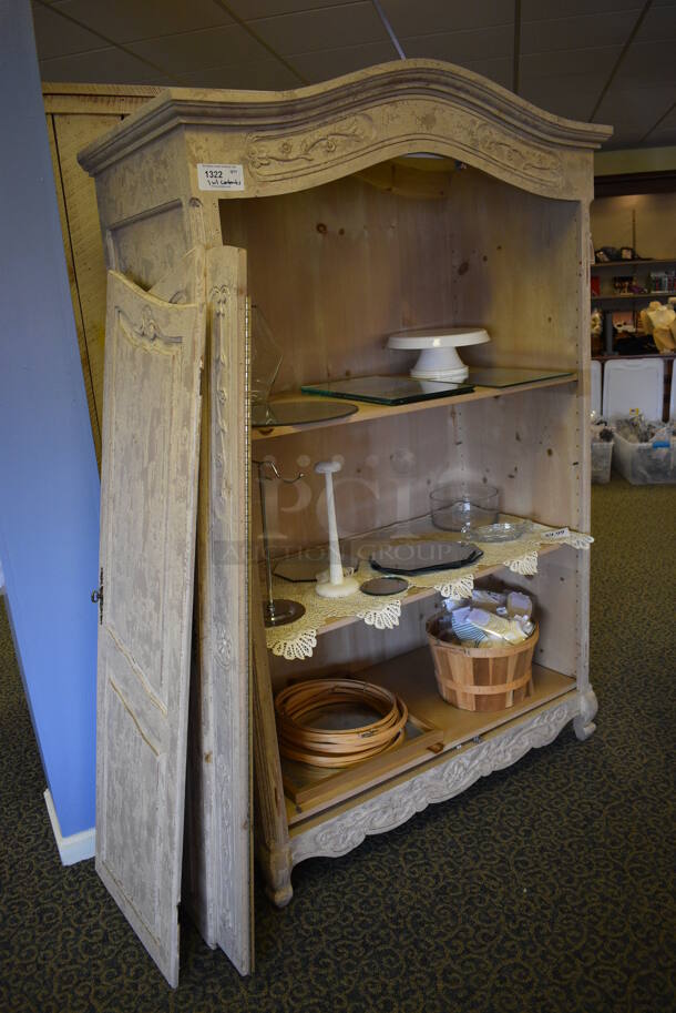 Wooden Shelving Unit w/ Contents Including Mirrors, Basket of Socks and Cake Stand. 52x25x80. (yellow clothing store) - Image 2 of 5