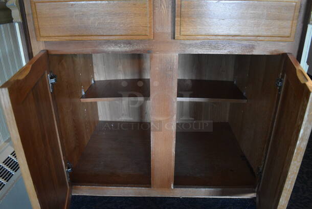 Wooden Cabinet w/ 2 Drawers, 2 Doors and Over Shelf. Does Not Include Contents. 39x27x57.5. (main dining room) - Image 3 of 4