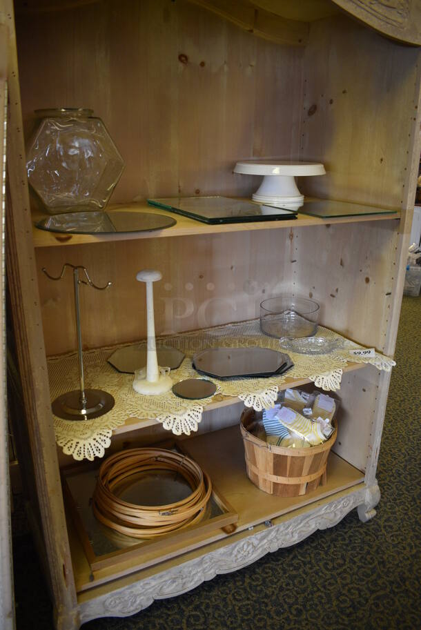Wooden Shelving Unit w/ Contents Including Mirrors, Basket of Socks and Cake Stand. 52x25x80. (yellow clothing store) - Image 4 of 5