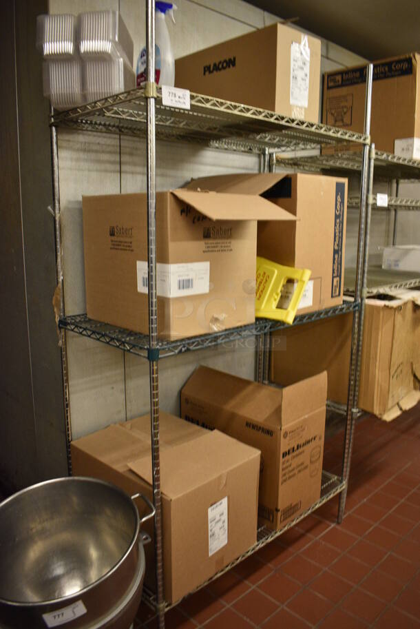 Chrome Finish 3 Tier Shelving Unit w/ Contents! BUYER MUST DISMANTLE. PCI CANNOT DISMANTLE FOR SHIPPING. PLEASE CONSIDER FREIGHT CHARGES. 48x24x87. (bakery kitchen)