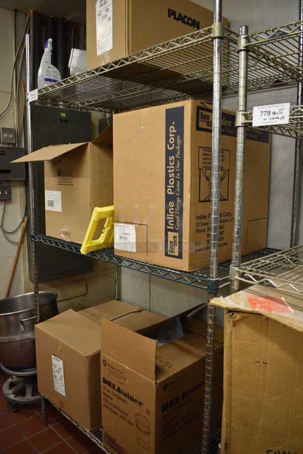 Chrome Finish 3 Tier Shelving Unit w/ Contents! BUYER MUST DISMANTLE. PCI CANNOT DISMANTLE FOR SHIPPING. PLEASE CONSIDER FREIGHT CHARGES. 48x24x87. (bakery kitchen) - Image 4 of 4
