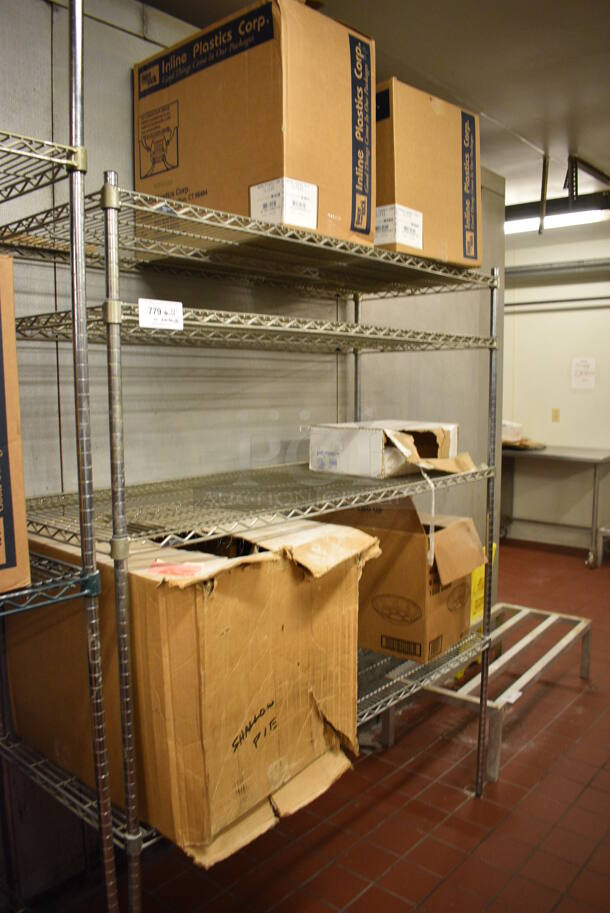 Chrome Finish 4 Tier Shelving Unit w/ Contents! BUYER MUST DISMANTLE. PCI CANNOT DISMANTLE FOR SHIPPING. PLEASE CONSIDER FREIGHT CHARGES. 60x24x74. (bakery kitchen) - Image 1 of 5