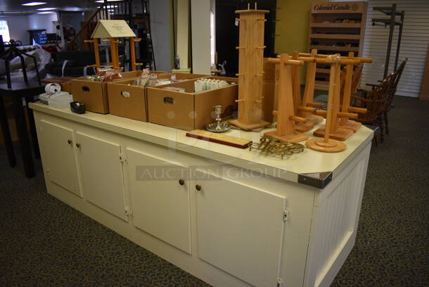 White Wooden Counter w/ Various Wooden Stands and Tea Leaves. BUYER MUST REMOVE. 96x36x32. (yellow clothing store) - Image 2 of 8