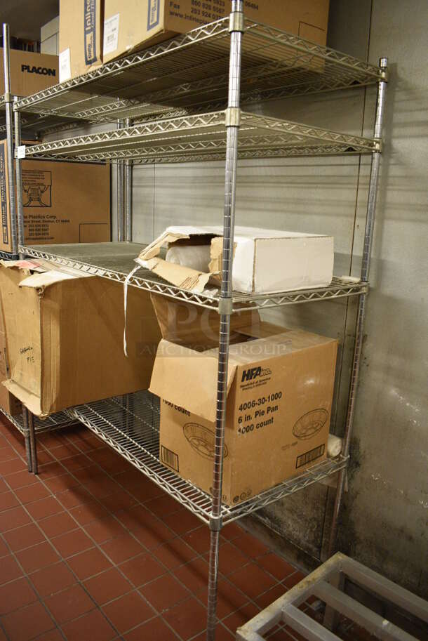 Chrome Finish 4 Tier Shelving Unit w/ Contents! BUYER MUST DISMANTLE. PCI CANNOT DISMANTLE FOR SHIPPING. PLEASE CONSIDER FREIGHT CHARGES. 60x24x74. (bakery kitchen) - Image 5 of 5