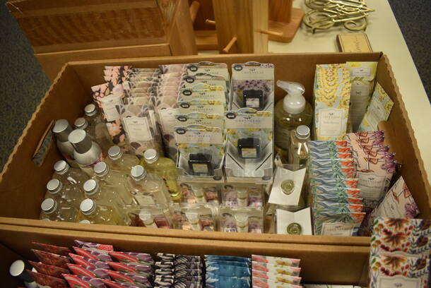 White Wooden Counter w/ Various Wooden Stands and Tea Leaves. BUYER MUST REMOVE. 96x36x32. (yellow clothing store) - Image 4 of 8