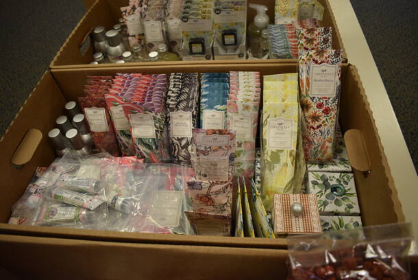 White Wooden Counter w/ Various Wooden Stands and Tea Leaves. BUYER MUST REMOVE. 96x36x32. (yellow clothing store) - Image 5 of 8
