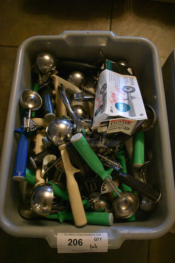 ALL ONE MONEY! Lot of Various Scoopers in Gray Poly Bus Bin! 15x22x5. (buffet) - Image 1 of 4