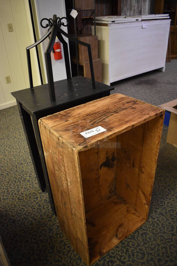 2 Various Items; Black Rack and Wooden Crate. Includes 21x13.5x34.5. 2 Times Your Bid! (yellow clothing store) - Image 2 of 4